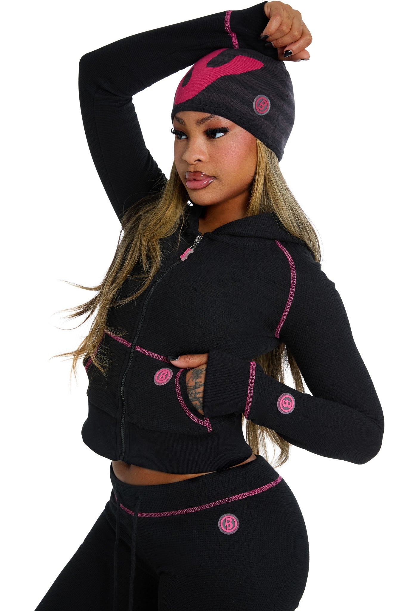 Waffle Knit Zip-Up Hoodie