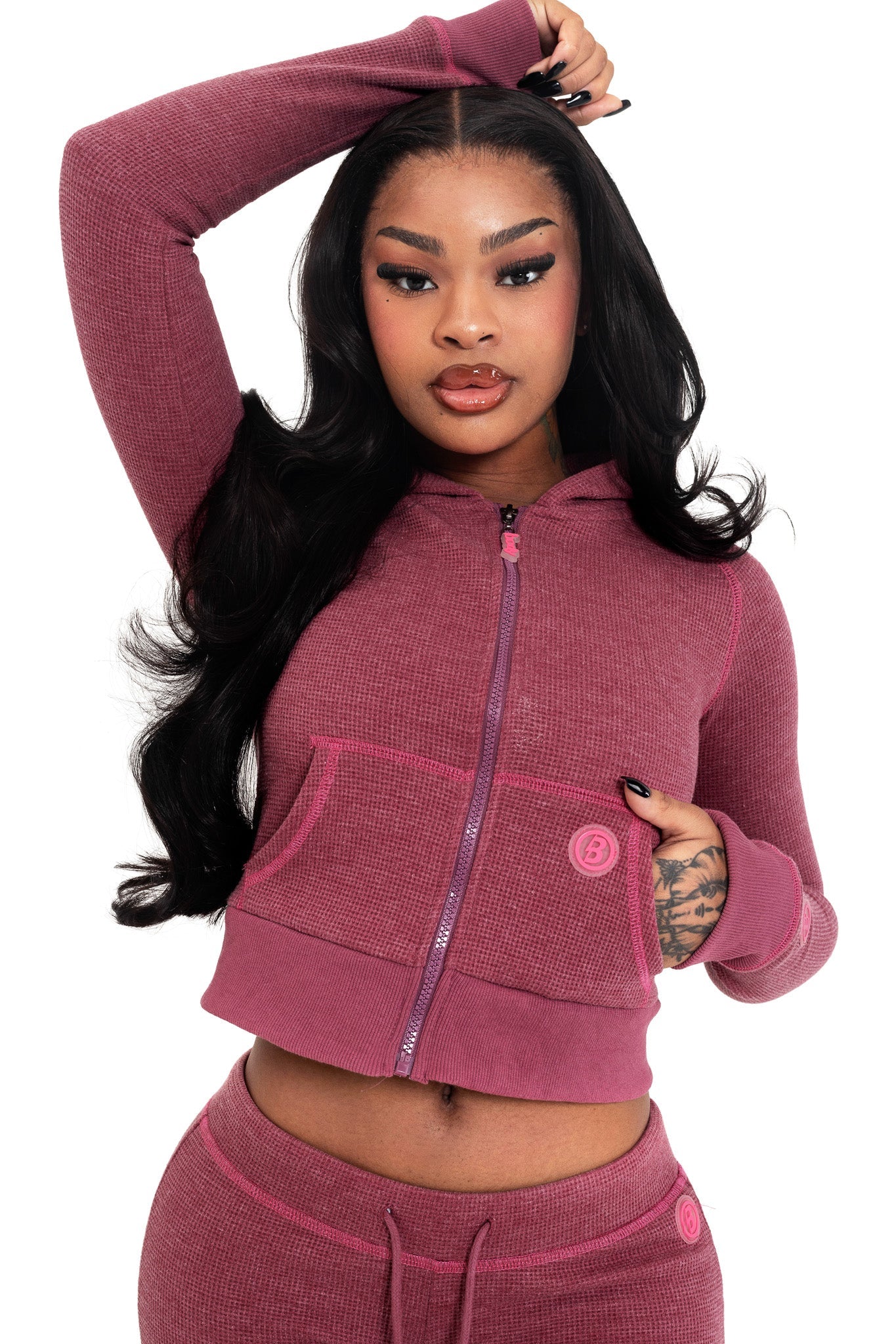 Waffle Knit Zip-Up Hoodie