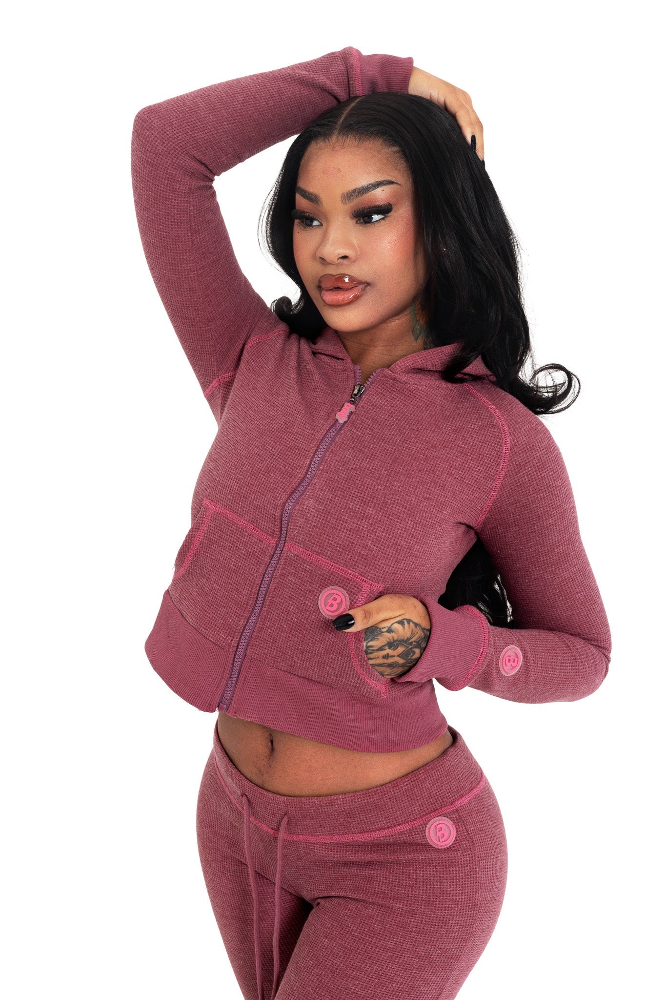 Waffle Knit Zip-Up Hoodie