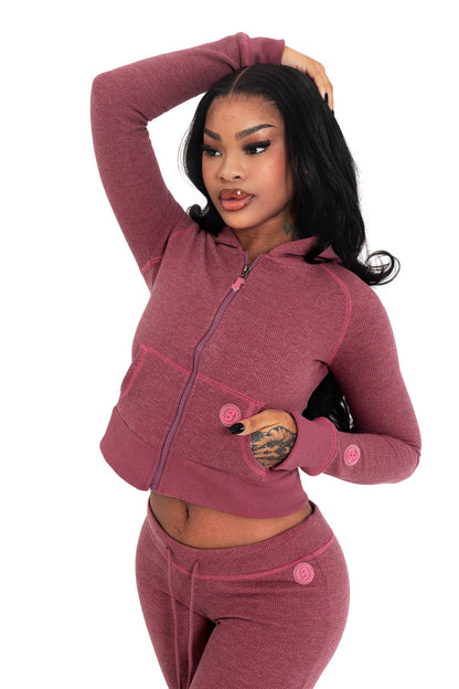 Waffle Knit Zip-Up Hoodie
